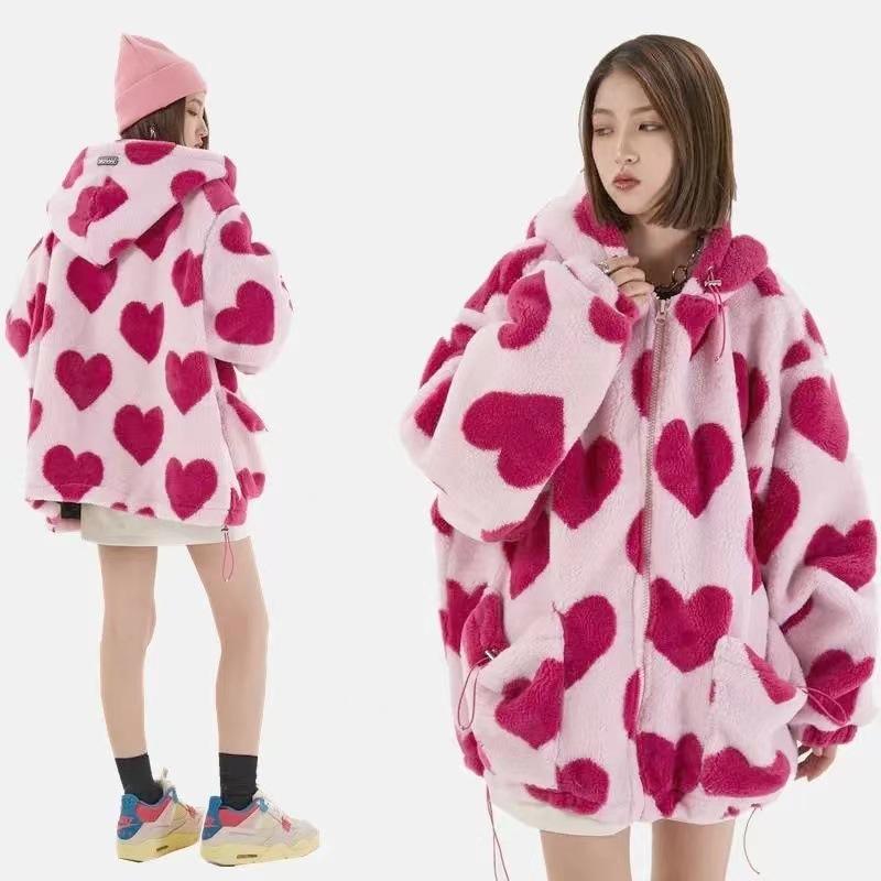 Плюшевая куртка Harajuku Heart Full Printed, женская зимняя корейская куртка большого размера с длинным рукавом и капюшоном из хлопка