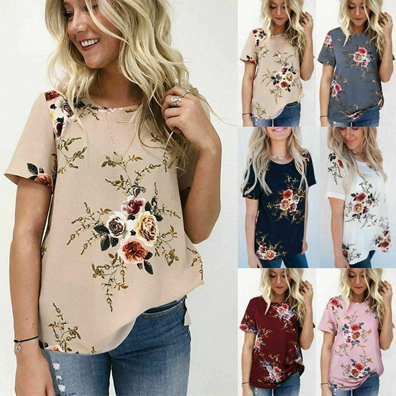 Elegant Summer Women Blouse Floral Print Short Sleeve Loose Casual T-shirt Tops