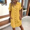 Summer Women Dress Turn-down Collar Single-breasted Loose Short Sleeves Loose Solid Color Patch Pocket Knee Length Commute Leisure Midi Dress