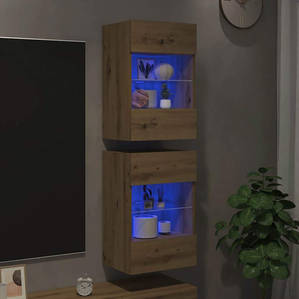 Vidaxl Szafki Ścienne Pod Tv Z Oświetleniem Led 2 Szt. Dąb Artisan