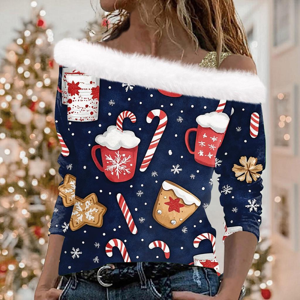Женский повседневный модный топ с длинными рукавами и открытыми плечами с рождественским принтом из плюша