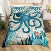 Sea Turtle Duvet Cover Set Full Size,Octopus Seahorse Whale Bedding Set Teal Ocean Themed Mediterranean Style Beach Quilt Cover