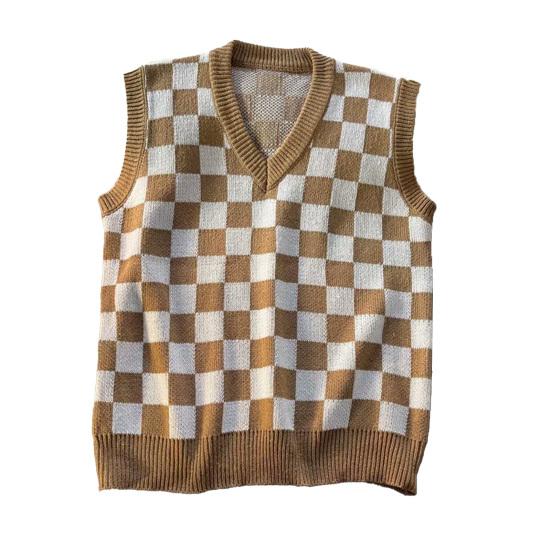 Свитер в студенческом стиле без рукавов с v-образным вырезом и ребристой отделкой, осенне-зимний клетчатый лоскутный цветной мужской вязаный жилет