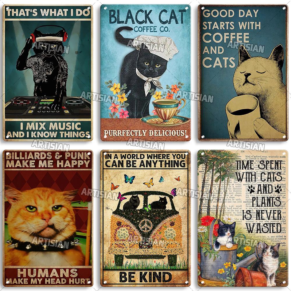 Артизан черный кот ретро металлический постер забавный питомец винтажный декоративный жестяной знак гараж бар паб клуб кухня дом человек пещера настенный декор