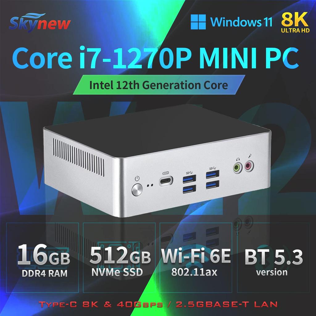 Skynew W12 Mini Intel 12th Gen Core 16GB DDR4 512GB NVMe SSD Windows 11 Pro 6E Bluetooth 8K PXE WOL VESA Mount PC, i7-1270P / / / / Wi-Fi / 5.3 /
