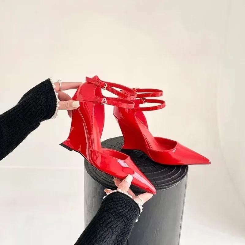 Red Pointed Sandals with Wedge Heeled Women's 2026 Summer New Leather High Heeled Shoes Elegant Shoes for Women 2026