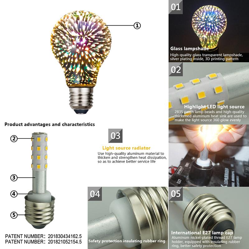 1 шт. 3D Декорация Светодиодная Лампа Эдисона E27 4.5 Вт 85-265 В Винтажная Лампа Звезда Фейерверк Праздничный Ночник Украшение для Рождественской Елки