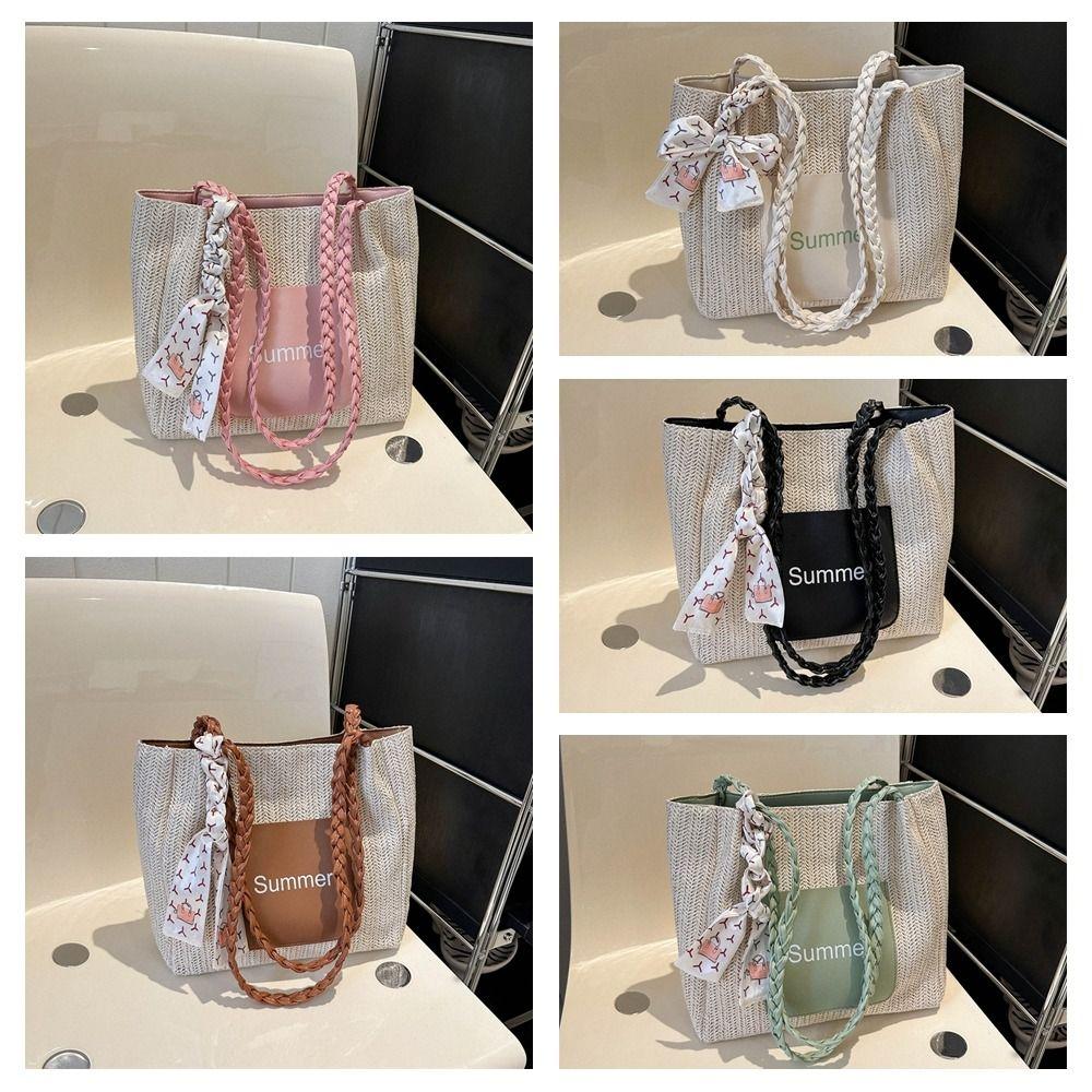 Ribbon Beach Shoulder Bag Balletcore Women Handbag Portable Straw Woven Tote Bag  Travel