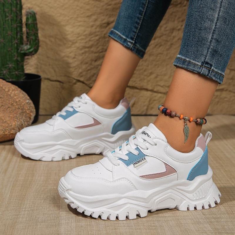 Мода Женская Мода Однотонные Туфли на Толстой Подошве Осень Новые Круглый Носок Глубокий Вырез Шнуровка Спереди Сочетание Цветов Мягкая Подошва Кроссовки