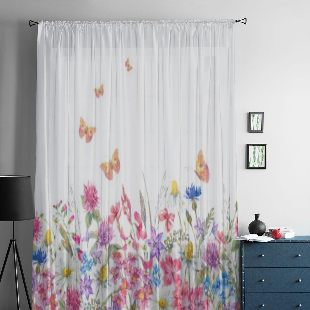 Прозрачная занавеска с бабочками, ромашками и цветами для гостиной, спальни, вуаль, занавески для окон, занавески из органзы, вечерние тюлевые шторы