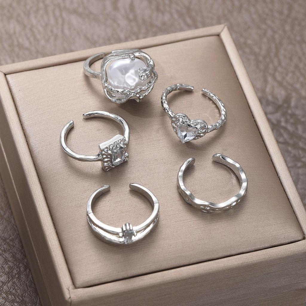 European & American Metal Texture Ring Set: Smooth, Exaggerated Geometric Open Rings for Women