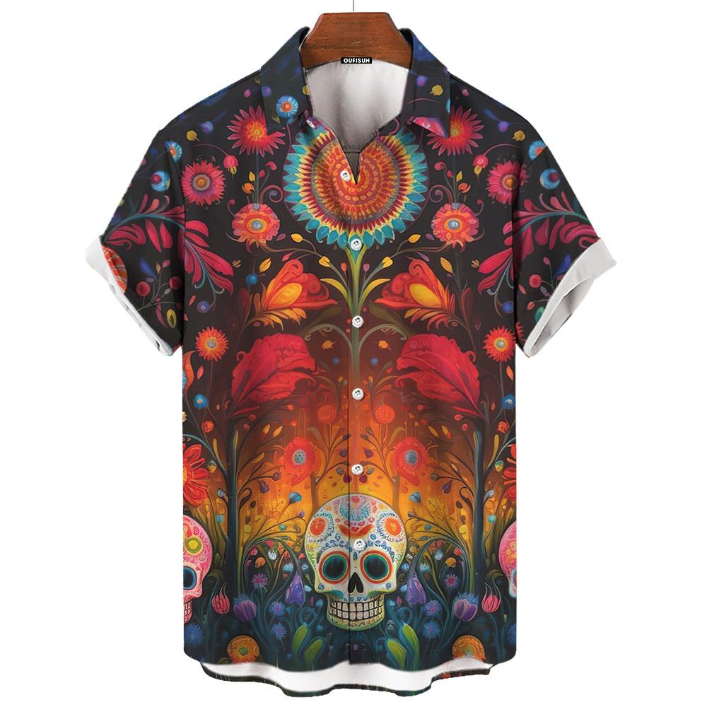 Рубашка с изображением Дня мертвых, мужские рубашки с изображением черепа, 3D-принт с коротким рукавом, ретро-свободная мужская одежда больших размеров, праздничная одежда