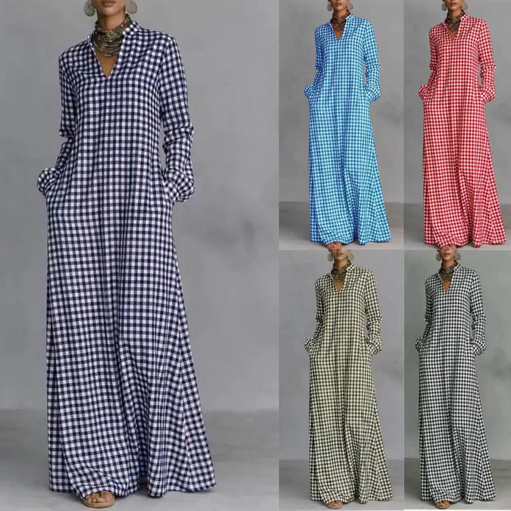 Spring and Autumn Fashion Women's Plaid Long Dress V-Neck Loose and Skinny Casual Long Sleeve Dress
