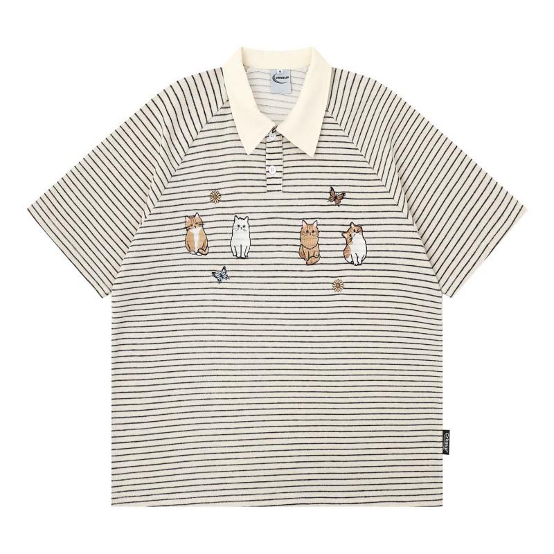 Cute Cat Embroidery Polo Shirts Loose Fit Short Sleeve Tops Couples Japanese Style Casual Wear