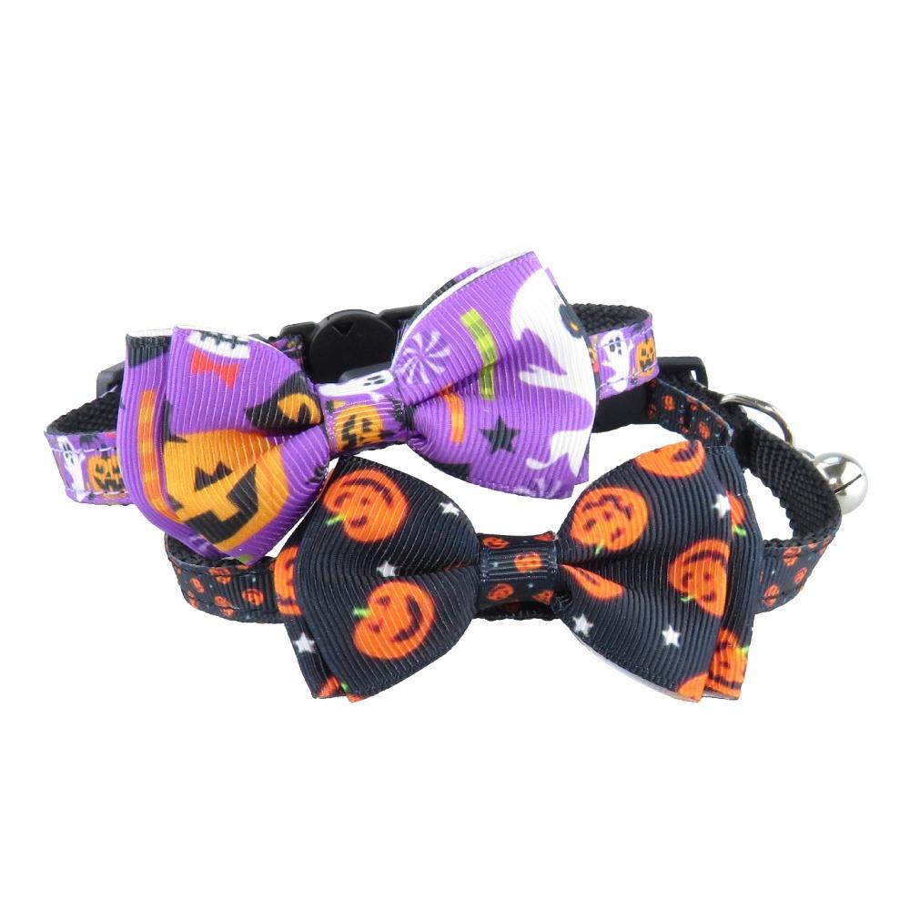 New Pet Cat Collar Halloween Woven Cat Collar Pumpkin Ghost Bow Tie Removable Cat Collar Holiday Cosplay Decoration with Bell