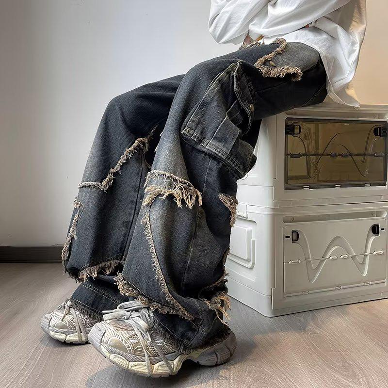 American Retro Distressed Wide-Leg Jeans with Pentagram Design and Big Pockets for Men