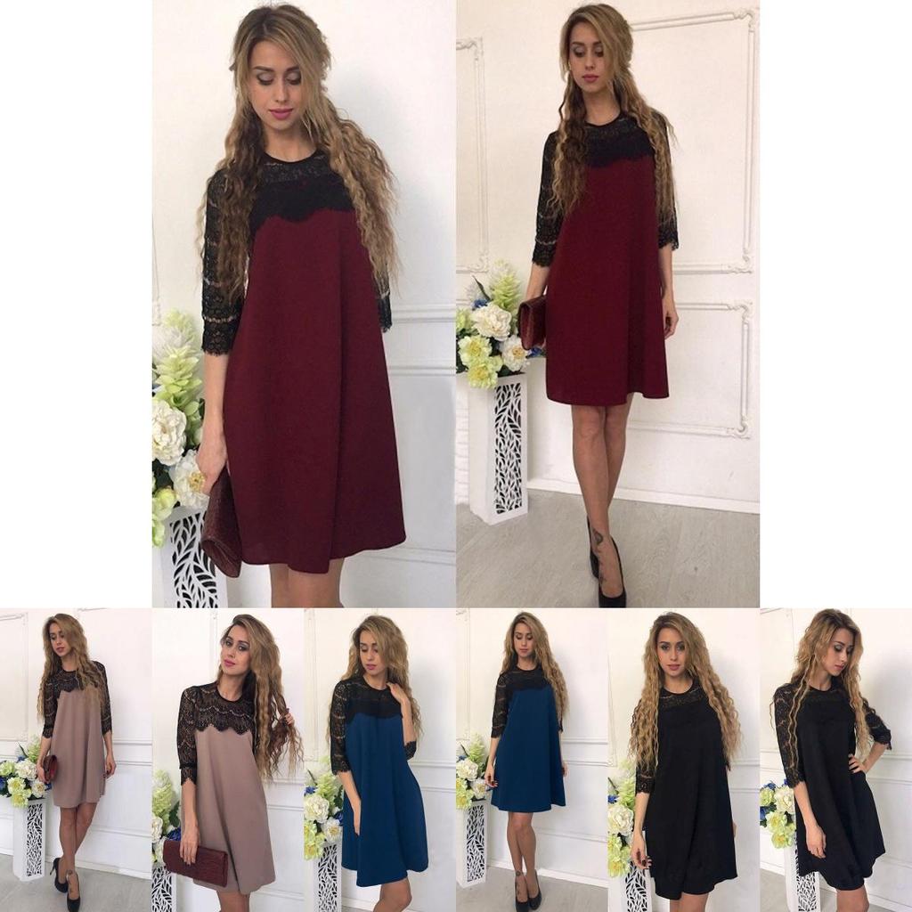Elegant Women Pure Color Hollow Out Lace Splicing Dress For Stylish Occasions