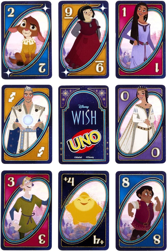 Mattel Games UNO Disney Wish Карточная игра – Семейный вечер для детей и взрослых, Персонажи из фильмов со специальными правилами, 2–10 игроков