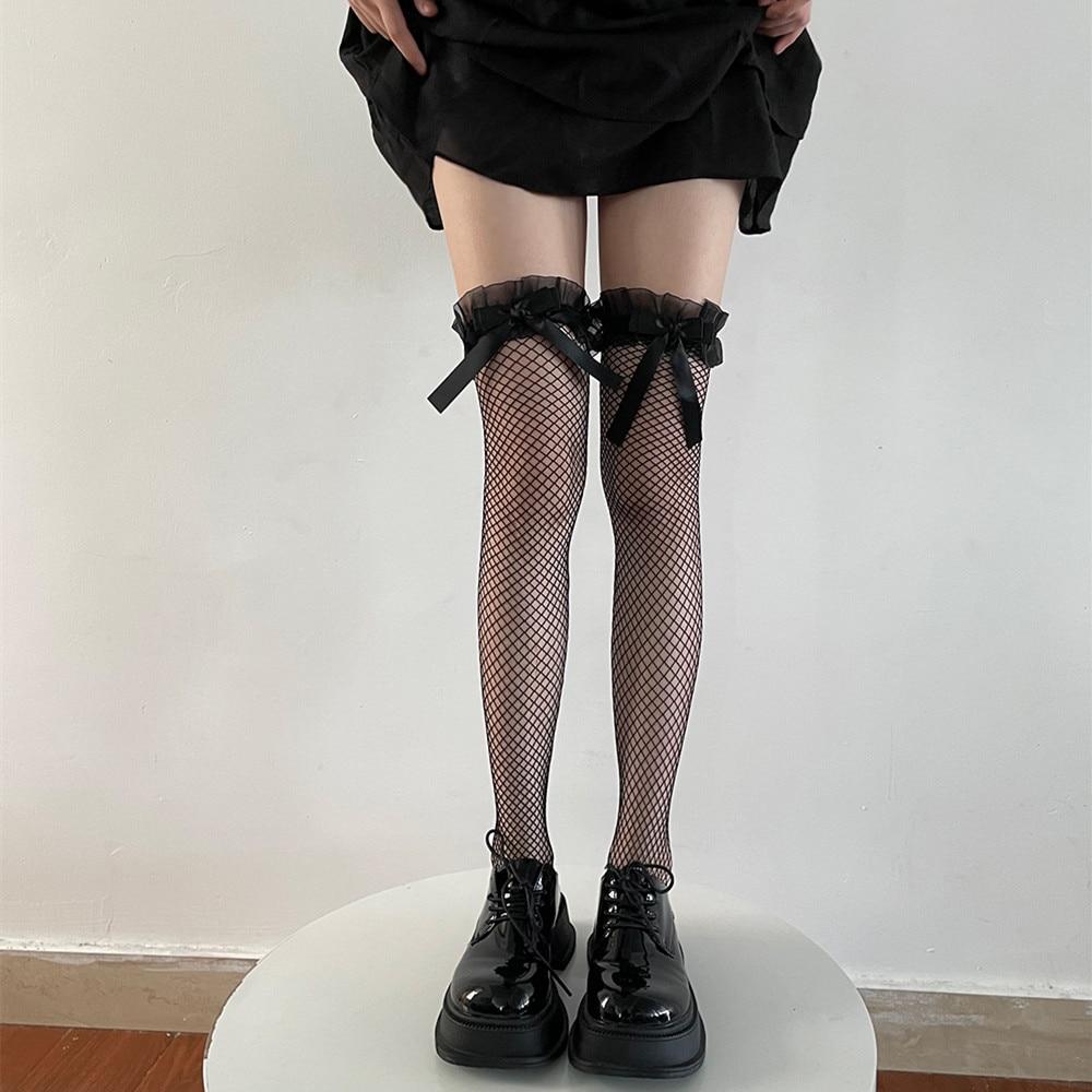 JK Lolita Girls Stockings Hollow Out Mesh Fishnet Thigh High Stockings Japan Style Cute Bowknot Lace Ruffle Long Socks Stockings