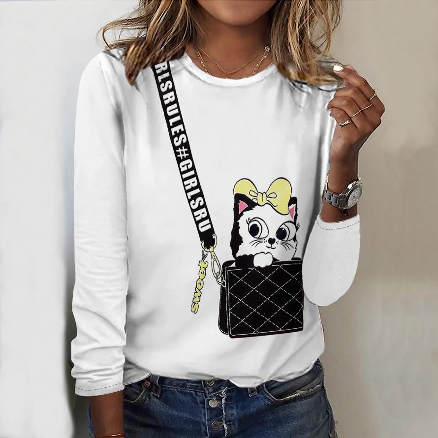 Топы на весну и осень, сумка с принтом кота, круглый вырез, длинный рукав, футболка, осенний повседневный тонкий пуловер, женский топ с длинным рукавом