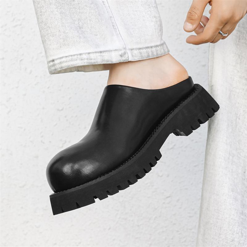 Круглые мужские кожаные туфли Летние модные тапочки для отдыха на открытом воздухе, вечеринок, прогулок, на толстой подошве, увеличивающие рост мужские туфли