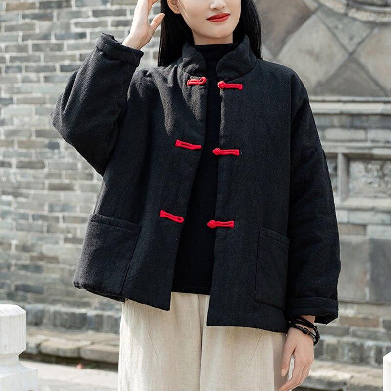 Johnature Women Solid Color Ramie Stand Cotton Clothing Button Pocket Long Sleeve Coats Winter Chinese Style Coat
