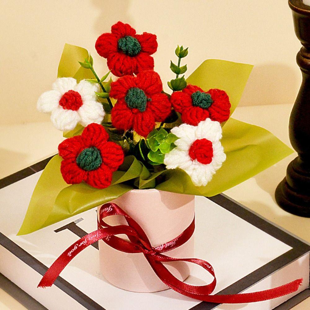 Finished Crochet Flowers Bouquet Cream Puffs Flower Handmade Artificial Flowers Decor Knitted Flower Bouquet