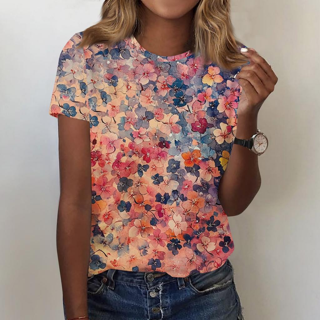Women's Fashion Casual Printed Round Neck Short Sleeved T-Shirt Top T-Shirt Top Top