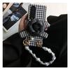 Luxury Black Leather Camellia Houndstooth Phone Case For Samsung Galaxy Z Fold 3 5g Z Fold 4 Elegant Pearl Bracelet Cover