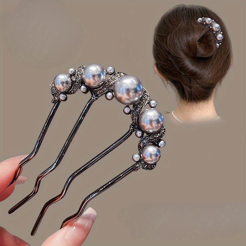 1pc Collection of U-shaped Imitation Pearl Hairpins for Women, Back-of-the-head Bun Artifact Hairpin, Four-tooth Metal Insert Comb