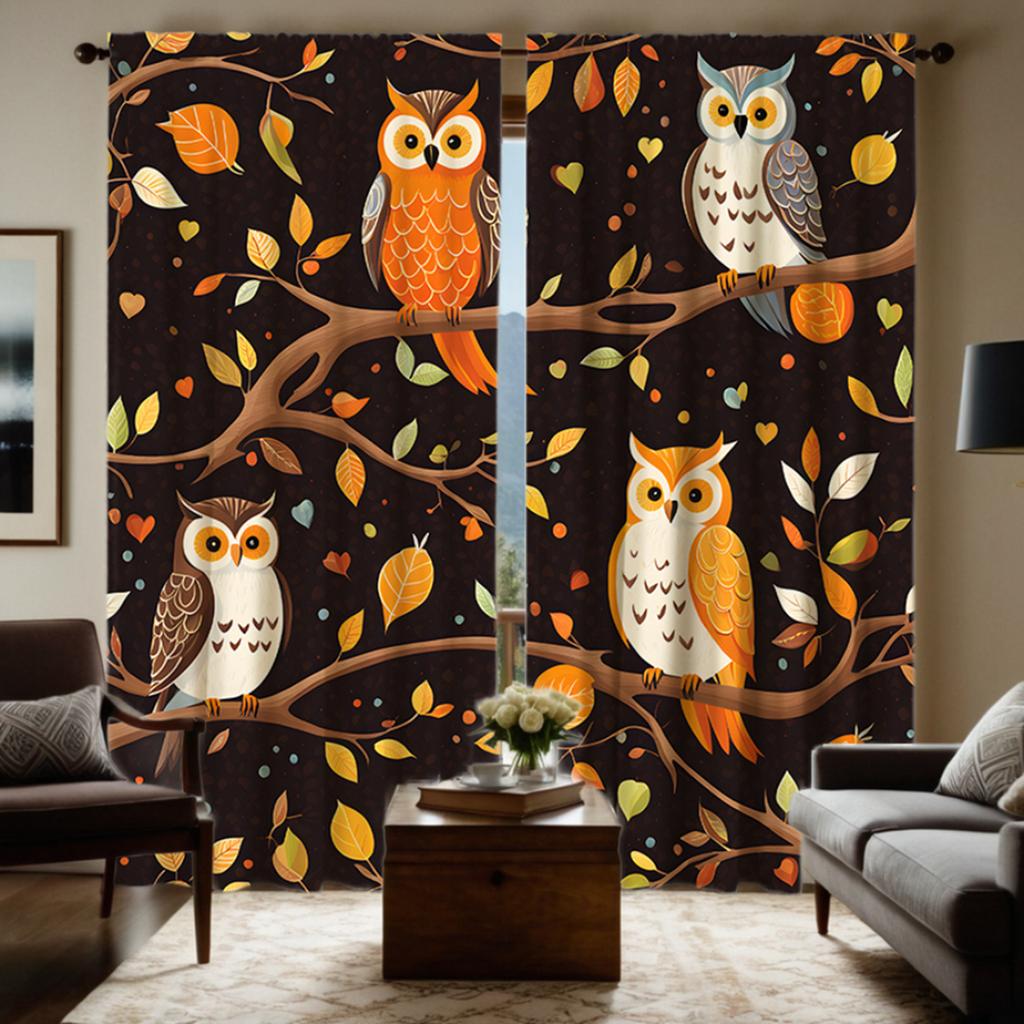 2 Pieces of HD Owl Decorative Curtain On the Tree At Night Black Tie Digital Printed Curtain Home Decoration Style Decoration Li