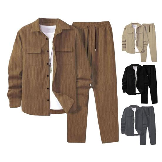 2Pcs/Set Men Sportwear Set Lapel Long Sleeve Flap Pockets Coat Elastic Drawstring