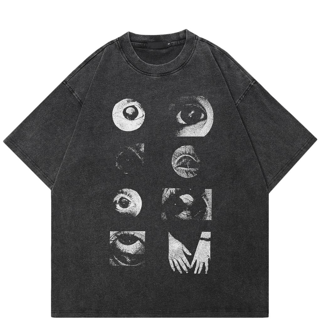 Streetwear Eyes Graphic T-Shirt Cotton Washed Black Tshirt Unisex Tops Tees Summer Short Sleeves T Shirt