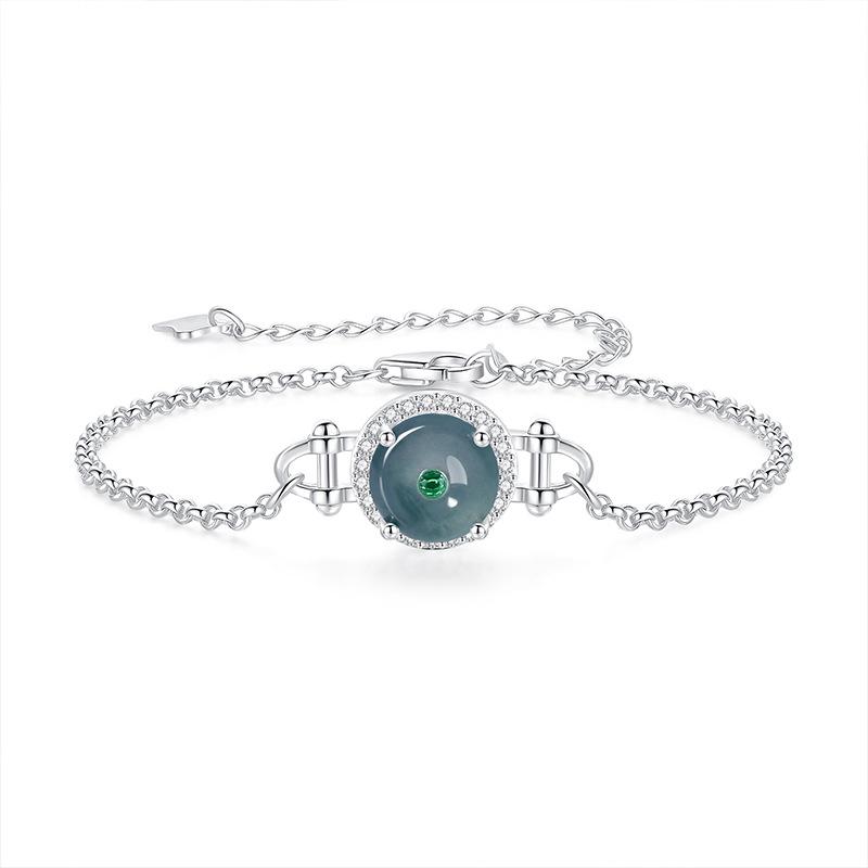 Ping An buckle sterling silver s925 bracelet, natural blue water jadeite retro exquisite temperament, new jewelry women's daily jewelry gifts