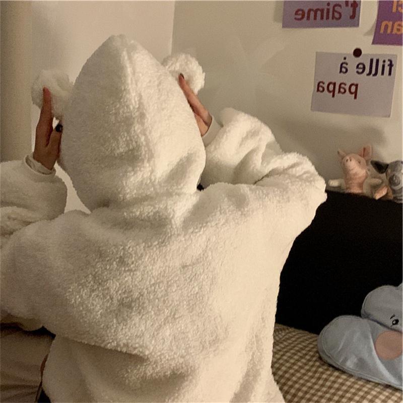 Милая толстовка с капюшоном и ушками плюшевого мишки в виде ягненка для женщин на осень и зиму, с толстым флисовым кардиганом и курткой на молнии для студентов