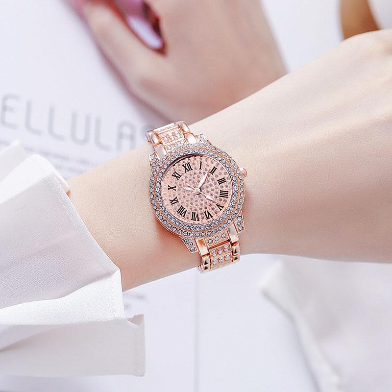 Сплав Аналоговые Кварцевые Наручные Часы Полностью Бриллиантовые Римский Узор Женские Подарок на День Рождения