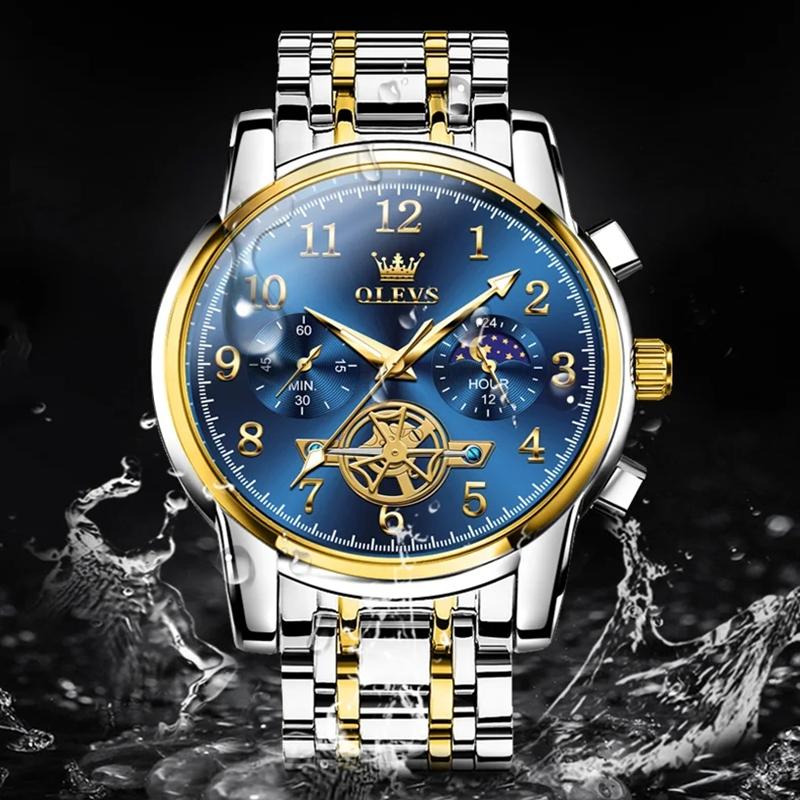 OLEVS Fashion Business Mens Wristwatches Gold Clock Male Stainless Steel Waterproof Calendar Quartz Watches