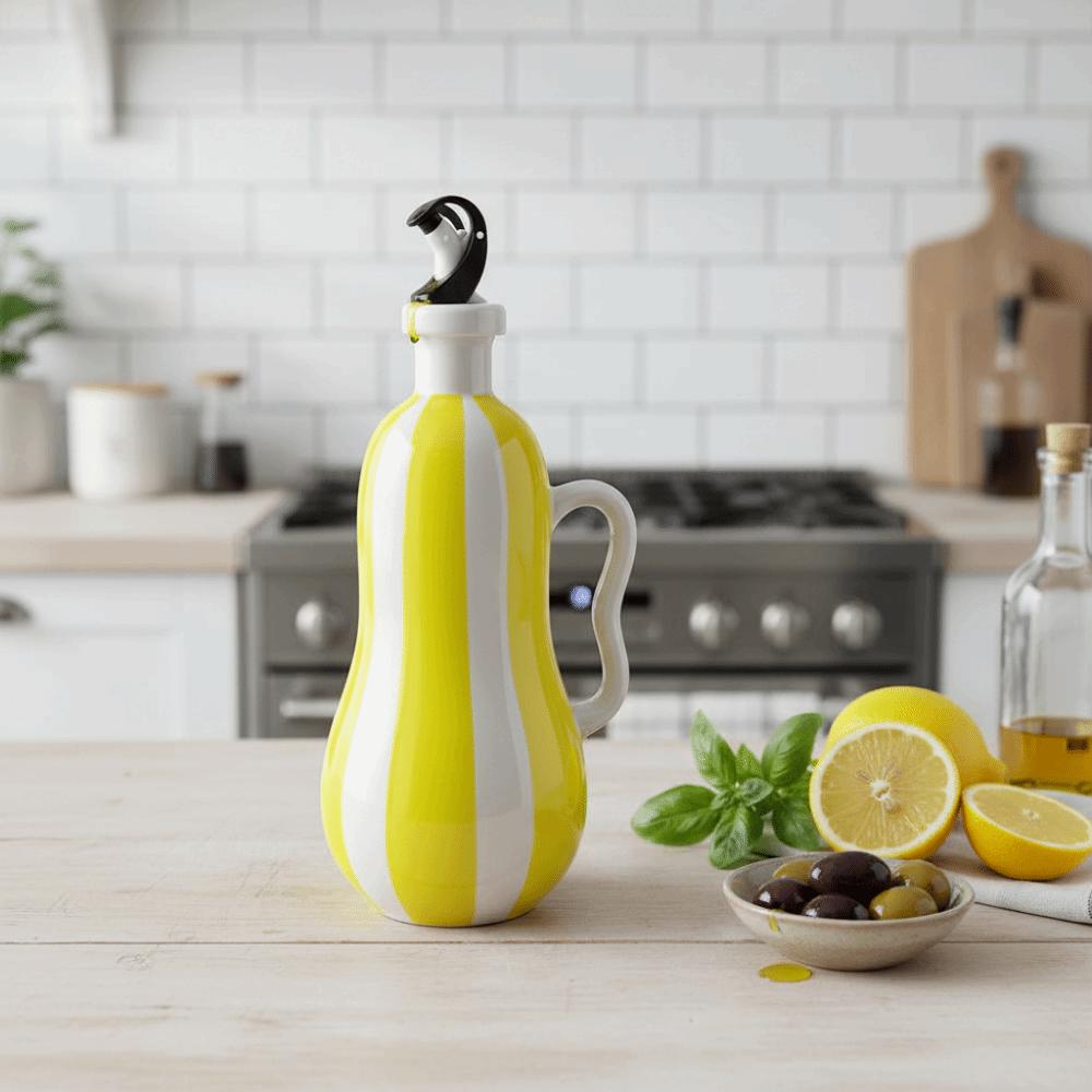 Ergonomic Grip Ceramic  Oil Bottle Striped Pattern Dispenser Container  Kitchen Accessories