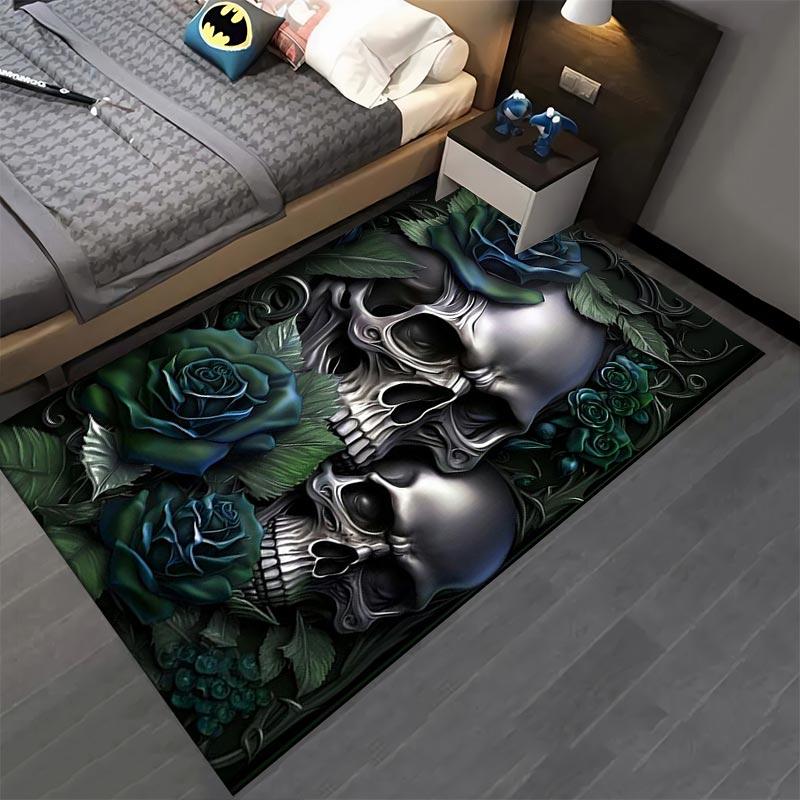 "Skull and Green Roses Pattern Gothic Style Carpet for Home Decor" Suitable for use as an anti-slip for living room bedroom sofas