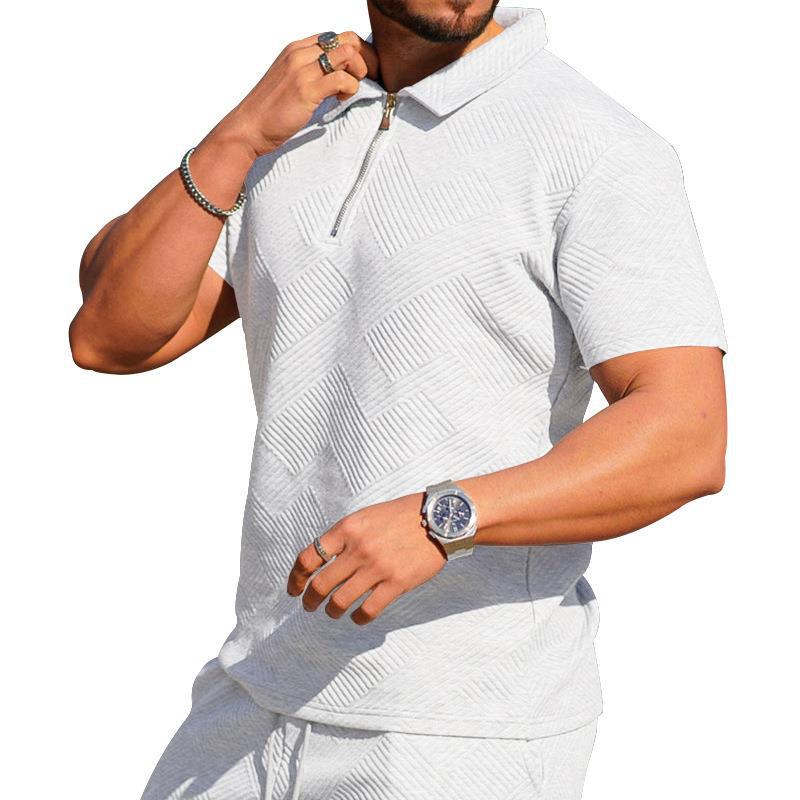 Мужской костюм с рубашкой поло, мужской повседневный костюм с коротким рукавом, футболка с лацканами, текстурированные шорты, спортивный комплект из двух предметов
