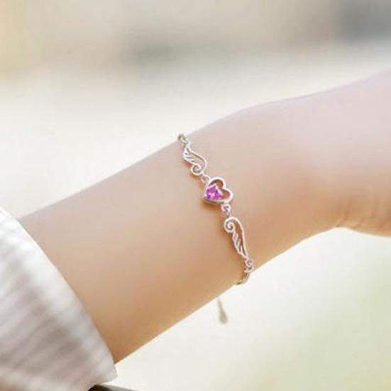 Women Bracelet Heart Cubic Zirconia Wing Shape Adjustable Length Angel Wrist Chain