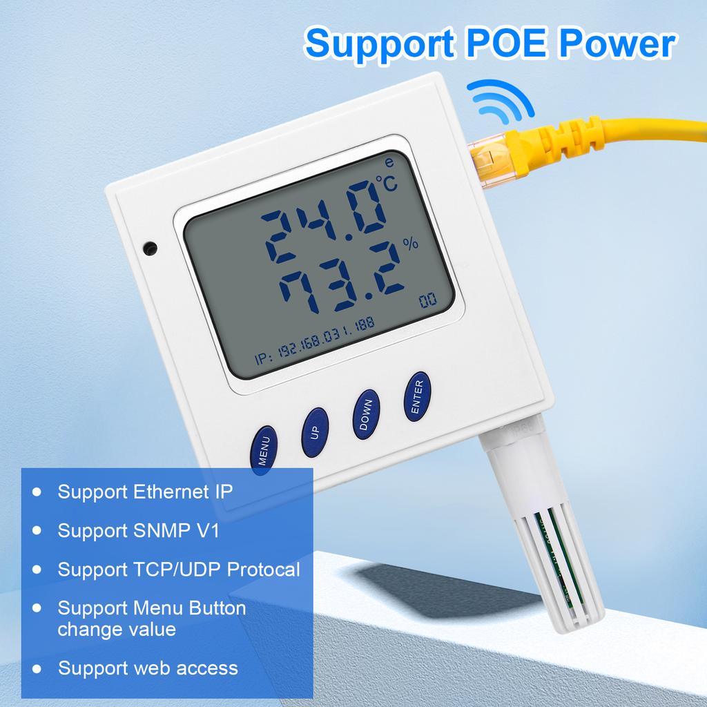 Ethernet temperature and humidity transmitter supports TCP/UDP/SNMP protocol and Poe power supply with External sht30 sensor