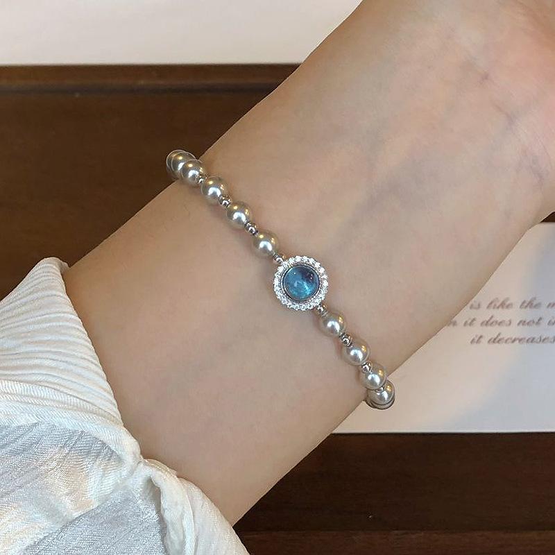 Серебряная инкрустация Алмазная Серая Круглая Бусина Конопля Браслеты Аквамарин Морской синий Циркон Браслет для Женщин Изысканный
