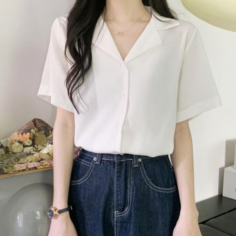 [Shop  ] Women S Office Sleek Silky Collar Short Sleeve blouSe Wdm Wbl kSS 1068