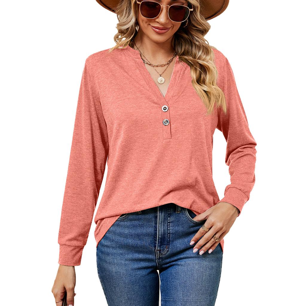 JKAASHDK Women's Fashion Casual Solid Color Print Summer Spring Long Sleeve V-Neck Blouses & Shirts Pullovers