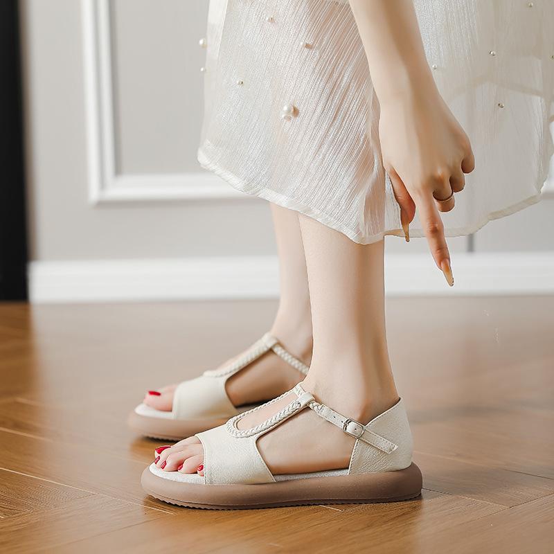 Good-looking French retro woven belt casual flat sandals women's summer new open-toe one-word belt Roman shoes