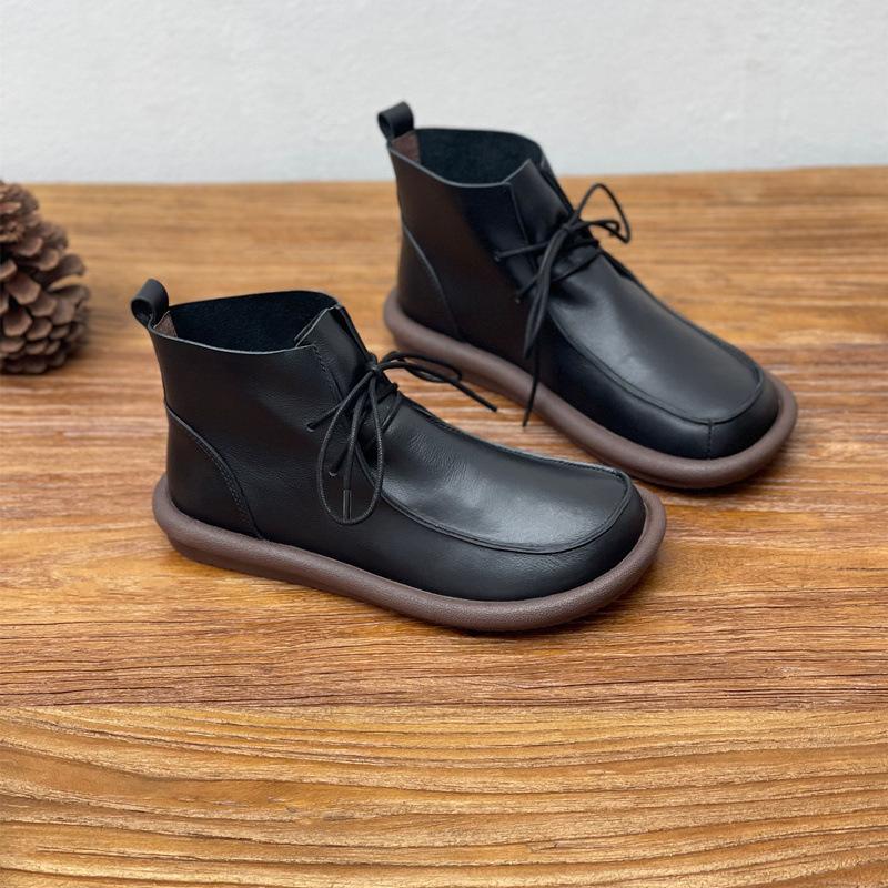 Сапоги из натуральной кожи и хлопка, винтажные, ручной работы, с круглым носком, на плоской подошве, теплые, из коровьей кожи