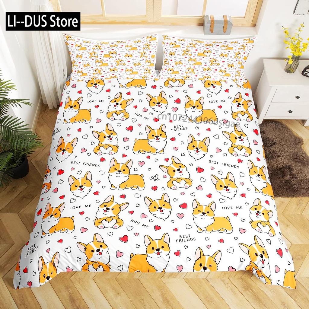 Labrador Duvet Cover Set Hand Drawn Sketch Welsh Corgi Decorative 3 Piece Bedding Set With 2 Pillow Shams Queen King Full Size