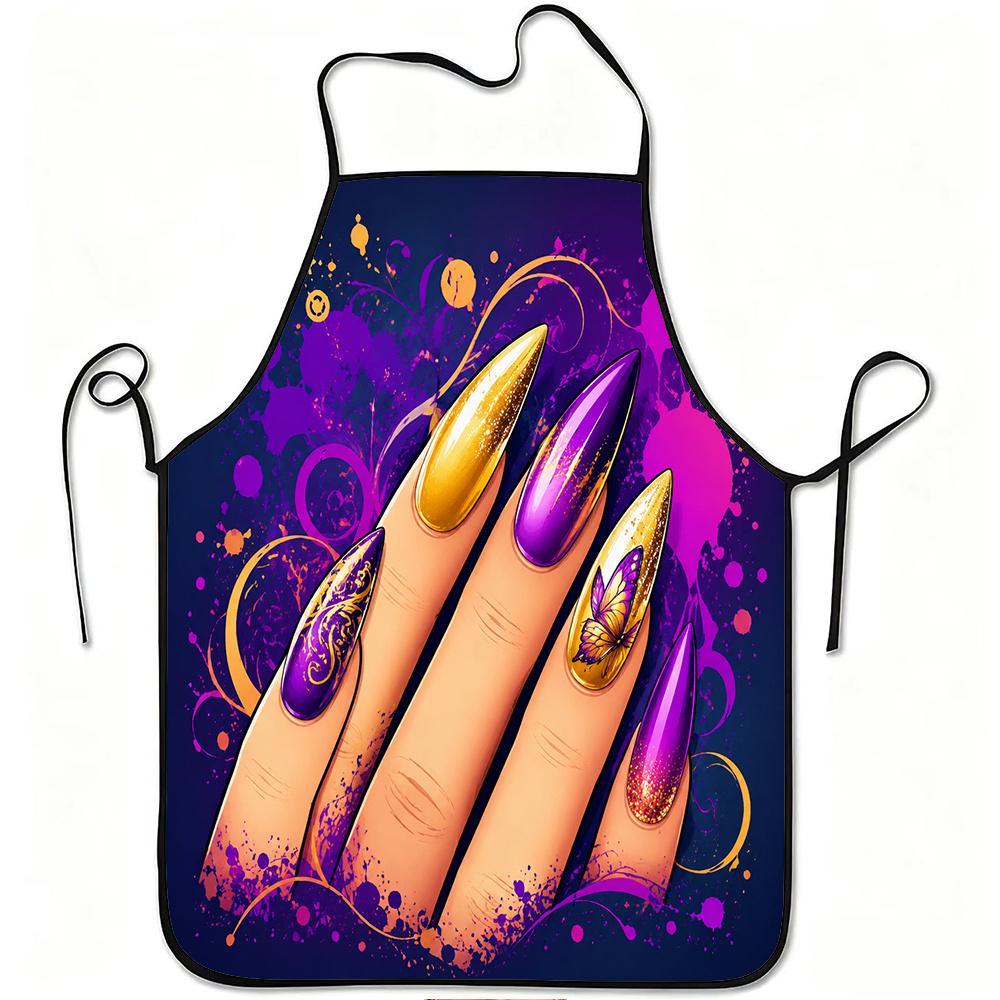 1pc Purple Golden Butterfly Nail Art Print Apron, Durable And Easy to Clean, Adjustable Waistband, Polyester Material, for Kitchen Cooking, Gardening,