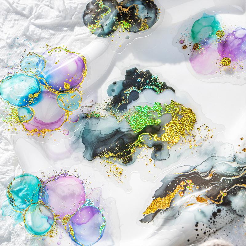 15 листов/пакет ПЭТ Наклейки с тиснением фольгой, не размазывающиеся, Пакет материалов для блокнота, Нарезанные пленочные наклейки, Пакет для украшения блокнота, чехла для телефона